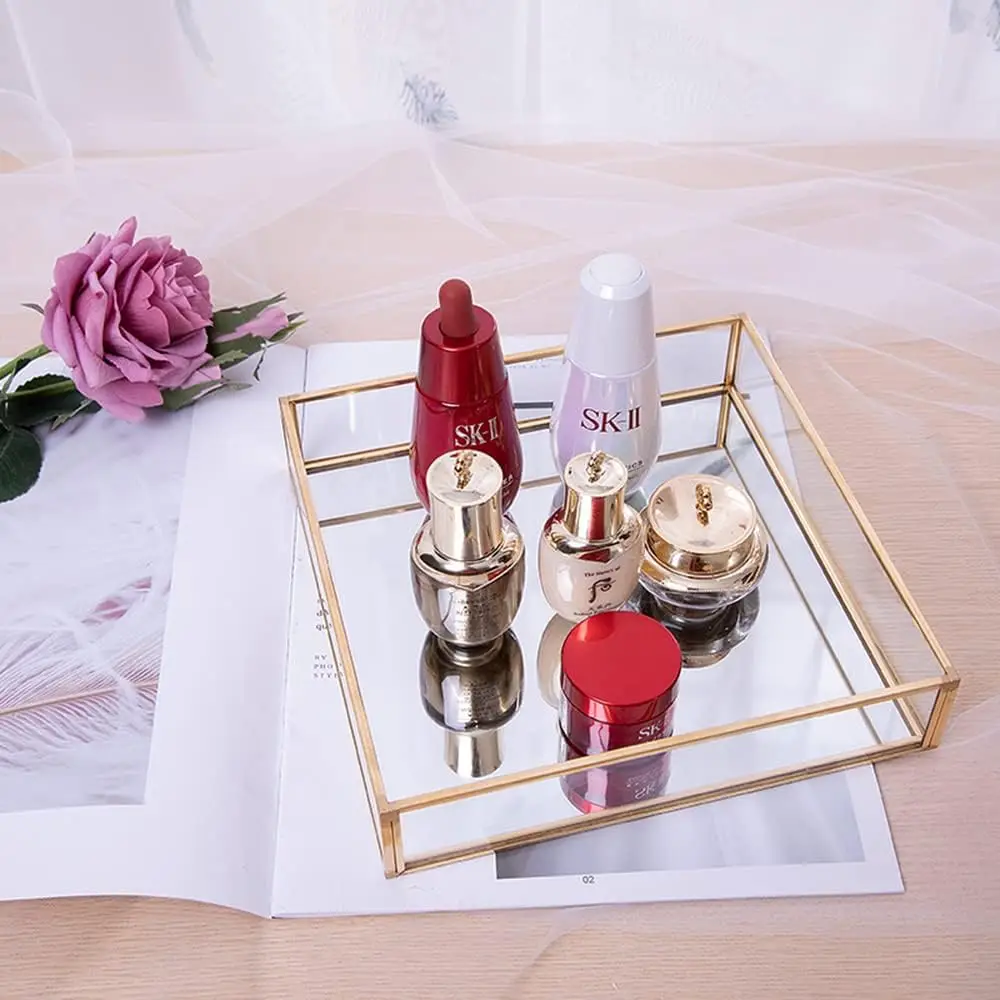 Glass  Rectangle Mirror Decorative Tray Gold can Hold Perfume Jewelry Cosmetics Makeup Magazine for Vanity Dresser