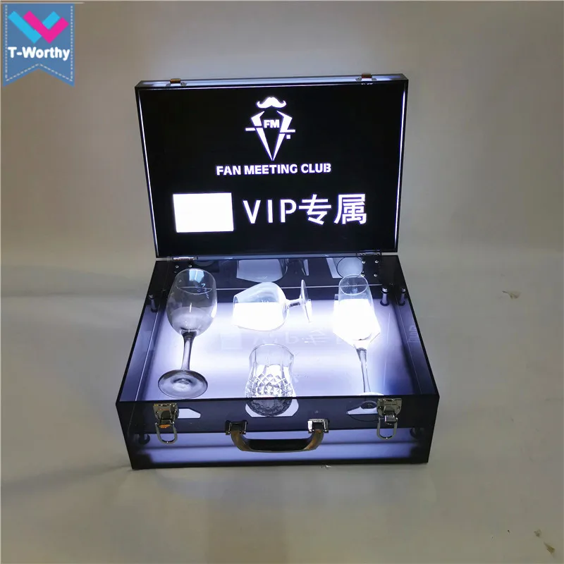 T-Worthy Customized Rechargeable LED Wine Bottle VIP Service Box Light Up Champagne Glasses VIP Carrier Case