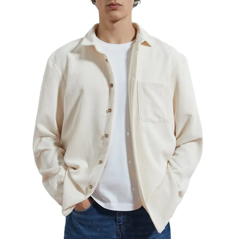 Custom mens white oversize work button up corduroy casual shirts with pocket