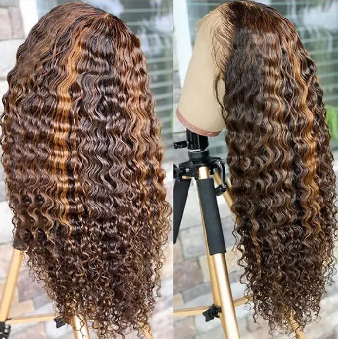 
Ombre 27/30 Color Piano Color Human Hair Wigs Brazilian Remy Hair Pre-Plucked Wigs 13*4 Lace Front Wig deep wave 