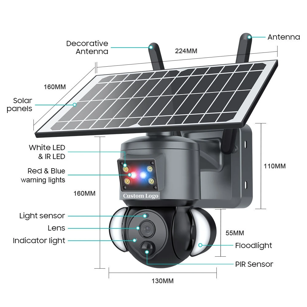 Custom Logo 4MP Wifi HD PIR Network Speed Dome PTZ Security System Outdoor WiFi Solar CCTV Camera