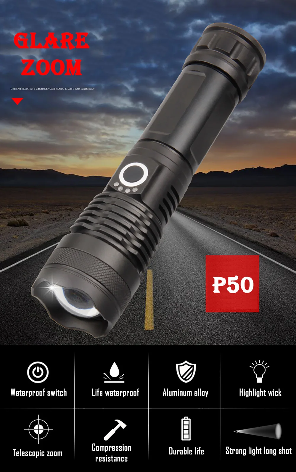 Лм 18 Вт XPH50 зум Тактический P50 фонарик USB перезаряжаемые светодиодные фонарики для кемпинга охоты поиска