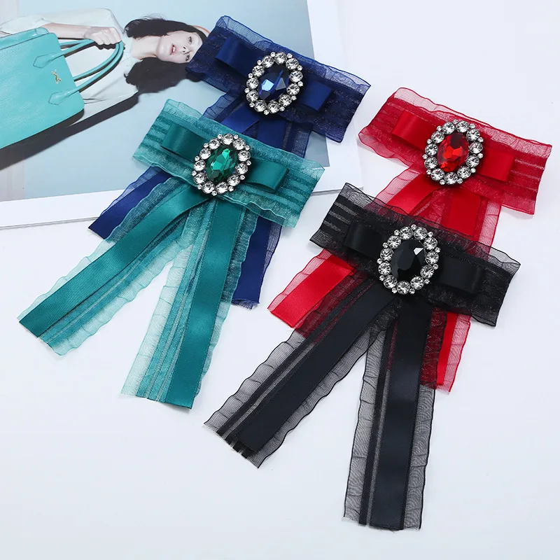 Jachon Premium Big Crystal Bowknot Lace Neck Tie Alloy Women Girls Brooch Pin