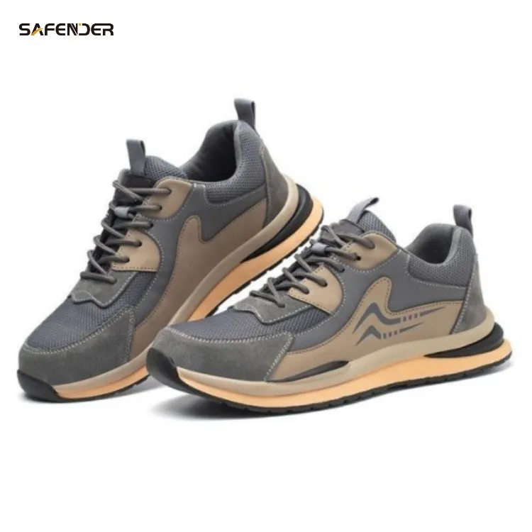 SAFENDER Comfortable Soft Lightweight Pig Leather Mesh Safety Shoes For Construction