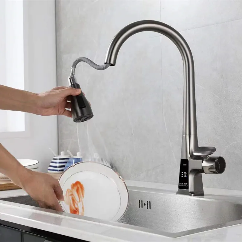 Factory Supply Sink Water Tap Smart Gun Gray Pull Down Kitchen Faucet With Temperature Digital Display