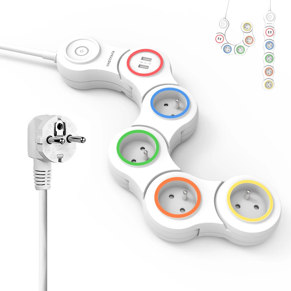 Colorful Fireproof Flexible French Plug Expandable Folding 4 Outlet with 2 USB Surge Protector Socket