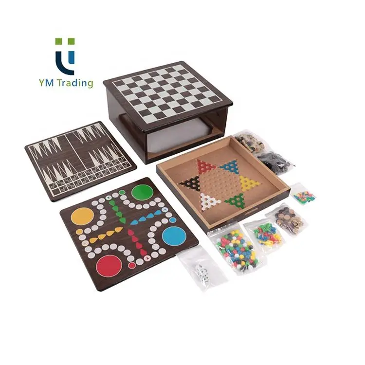 Hardcover Deluxe 7-In-1 Wooden Backgammon Multifunction Board Box Tabletop Entertainment Checkers Game Set