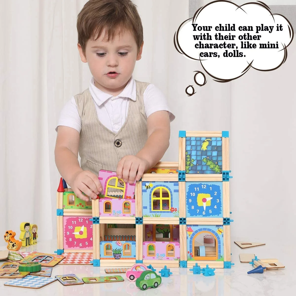 Wooden Castle Dollhouse with 2 People DIY Architecture Model Set Pretend Play Educational Toys