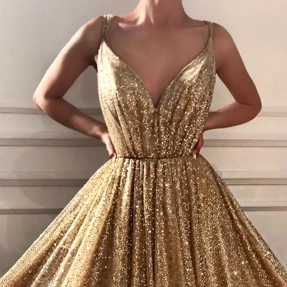 2020 Spring Summer Custom Women Luxury Sexy V Neck Sling Pleated Long Formal Evening Gown Dress