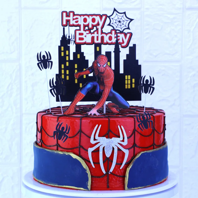 Happy Birthday spider-man big Cartoon Cake Decoration Flag Insertion Card Cake Plug-in Baking Props paper cake topper set