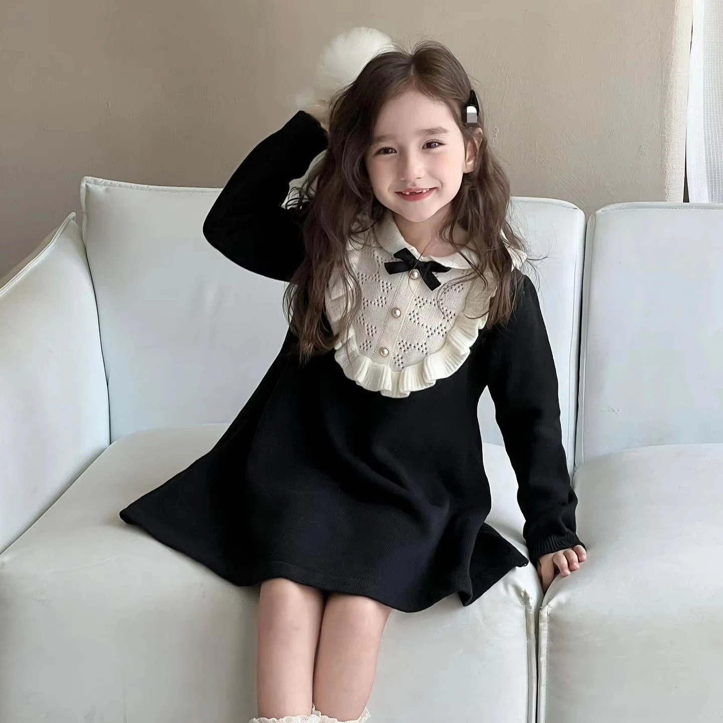 0669 autumn winter design little baby girls knitted dress infant toddler kids princess ruffles dress clothing wholesale