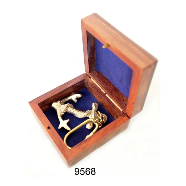 Handicrafts Metal Nautical Brass Ship Anchor Key Chain and Key ring with Wooden Box Key Rings For Gift or sale
