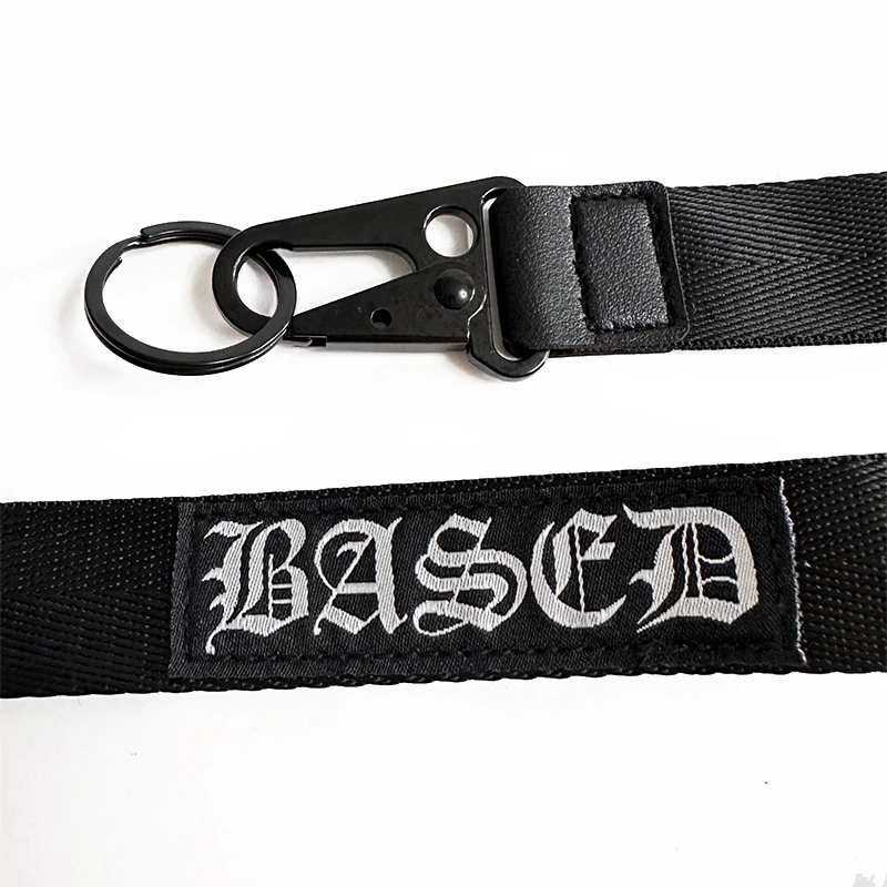 Personalized Packaging Black Eagle Hook Carabiner Lanyards Keychain Leather Stitch Wrist Lanyard Custom