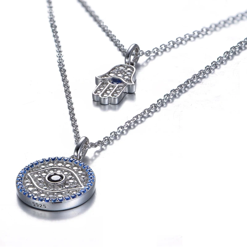New design turkey jewelry 925 sterling silver necklace lucky turkish jewelry evil cross eye hamsa hand double pendant necklace