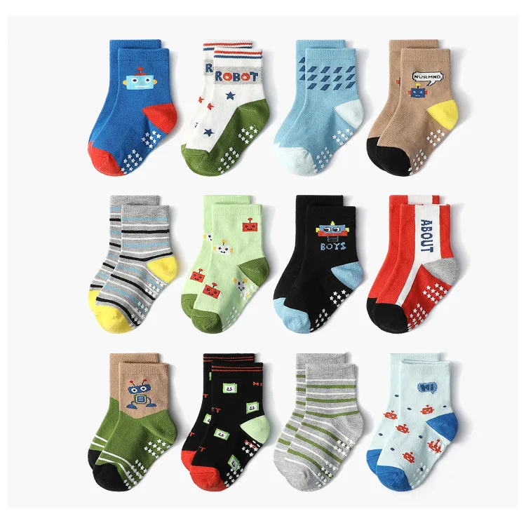 Newborn Baby Boy Toddler Knitted Knee-High Kid Socks Cute Cartoon Animal Floor Grips Organic Cotton Anti-Slip Slipper Walk Socks