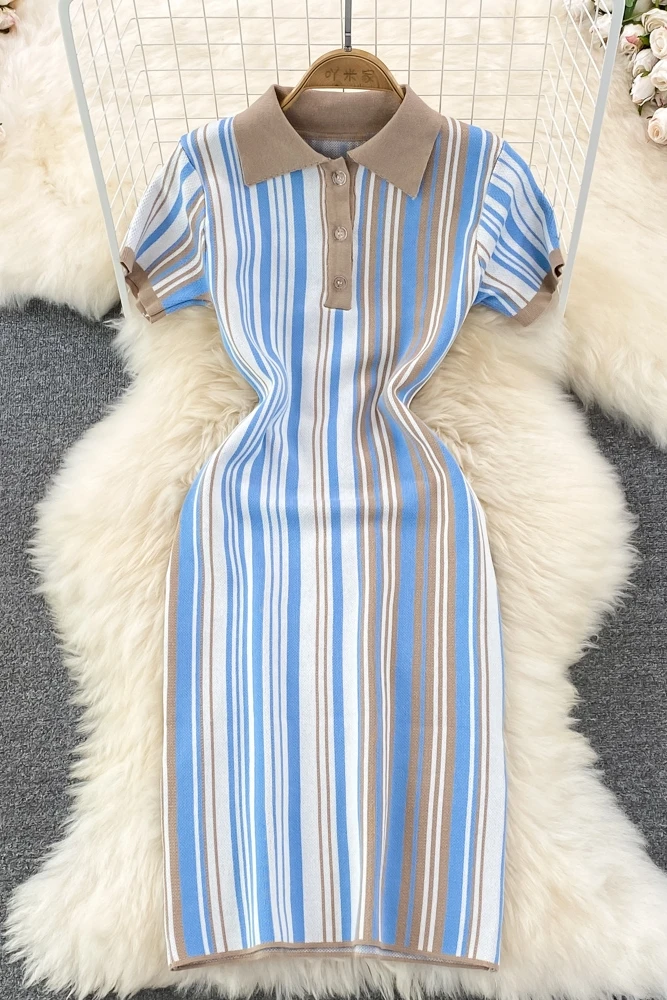 Summer Short Sleeve Striped Knit Casual Dress Women High Waist Midi Sheath Dress Ladies Elegant Dresses Clothes Women Wholesale
