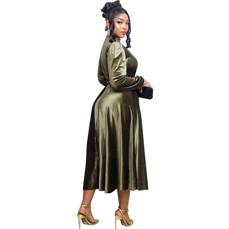 2023 Velvet Elegant Formal Party Dresses For Women Fashion Female V Neck Long Sleeve Vintage Solid Mid Dress Come With Belt