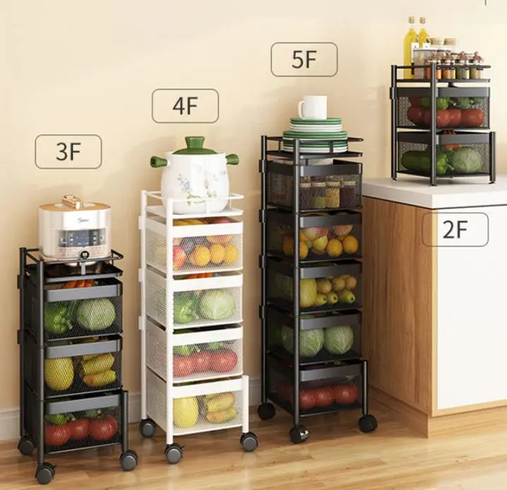 Rotating Kitchen Fruit Vegetable Shelf 3/4/5 Layer 360 Household Storage Rack Black Square Fruit Trolley