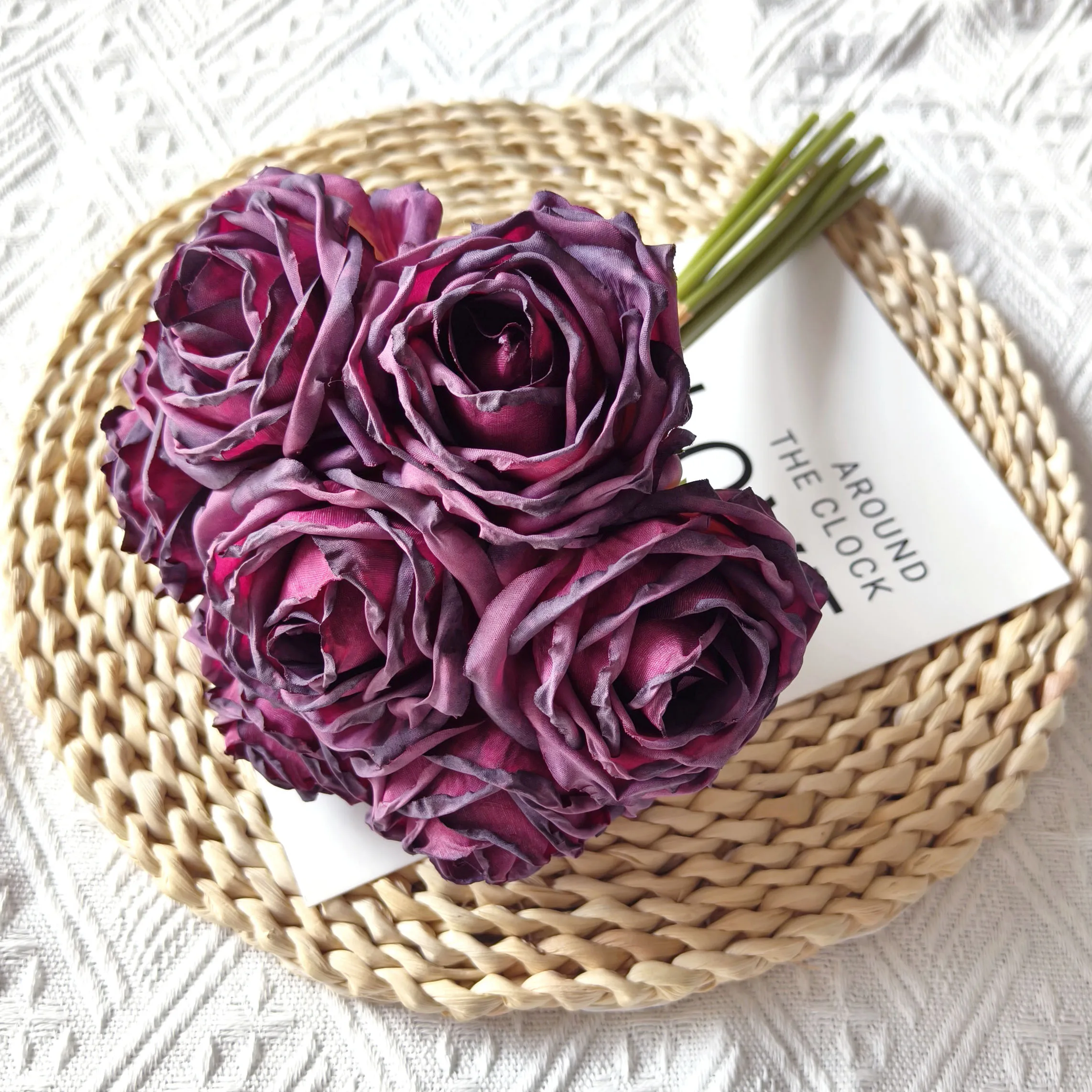 YIWAN Hot sale wholesale 7 burnt edge lychee roses silk Rose Bunch Artificial silk Flowers for home wedding decoration