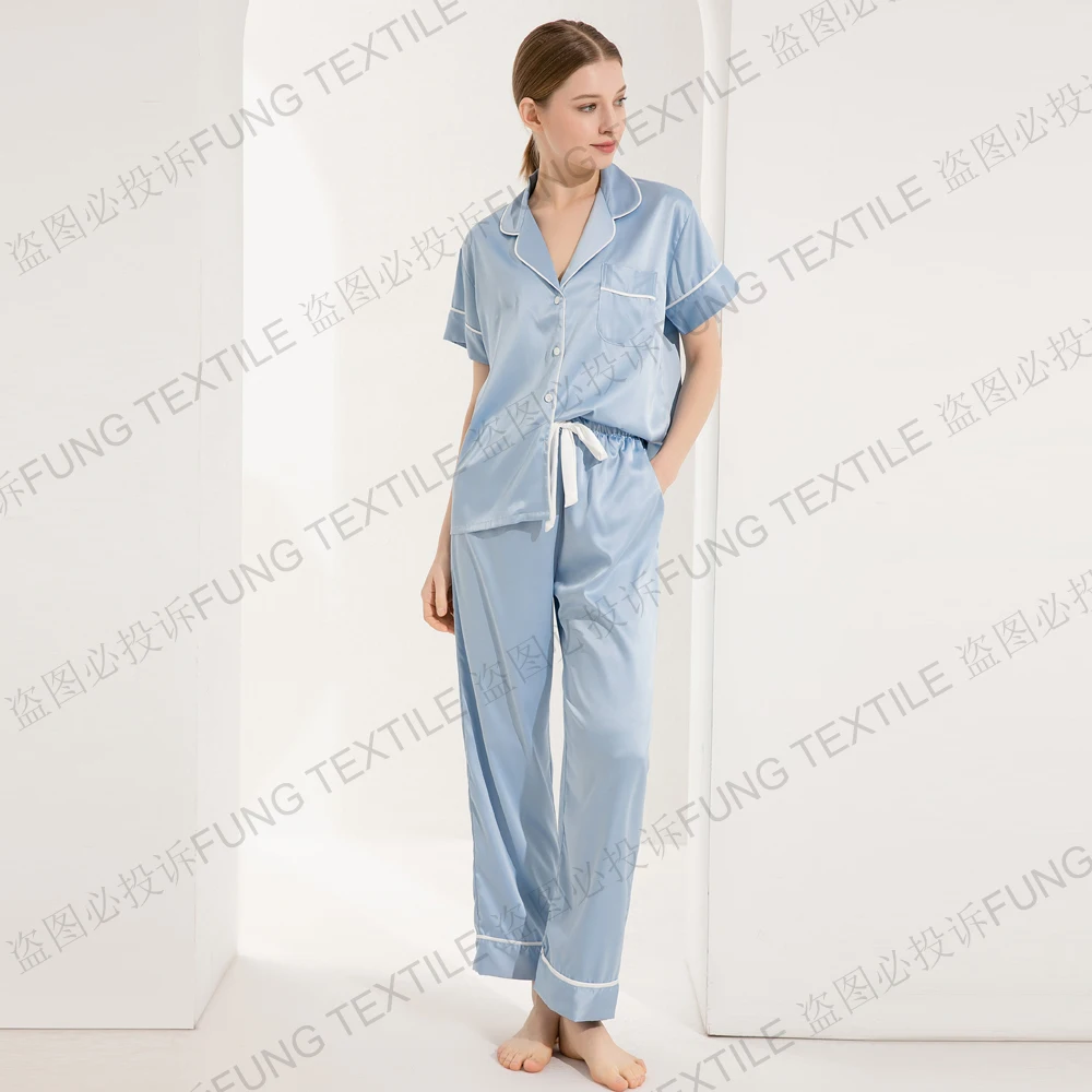 FUNG 6028 Womens Pajamas Set Short Sleeve Two-Piece Pjs Silky Sleepwear Nightwear