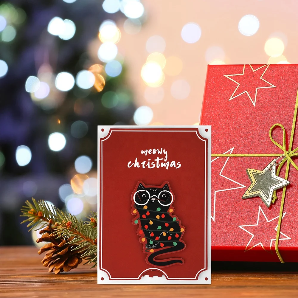 Luxury Funny Coloured Lantern Cat Custom Printing merry Christmas Greeting Cards with Envelope Manufacturer