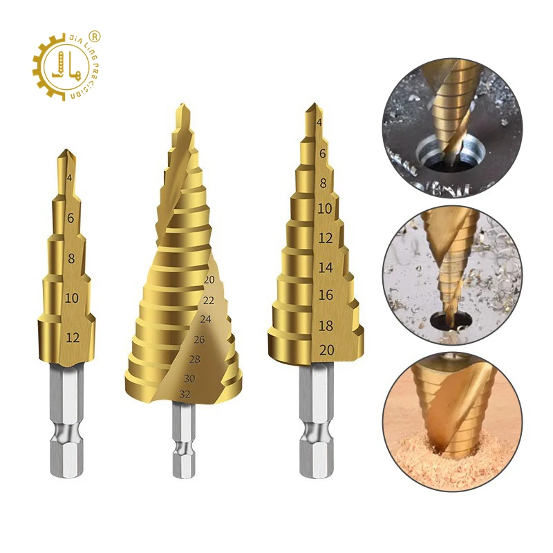 Straight Groove Step Drill Bit Set 4-12mm 4-20mm 4-32mm HSS Spiral Flute Titanium Hex Shank Step Drill Bit For Metal