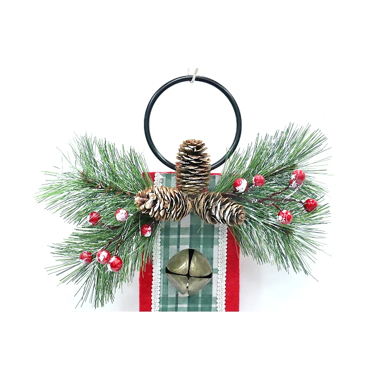 Leaves Embellishment Long Strip Cloth Pendant Shopping Christmas Red Striped Bell Door Hanging Christmas Decorations Green Pine