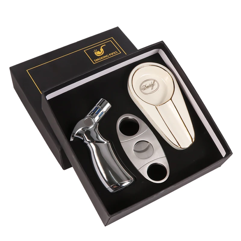 Futeng Newest 3 in 1 Cigar Cutter Smokeless Ashtray Torch Lighter Accessories Gift box Travel Cigar Accessories Set