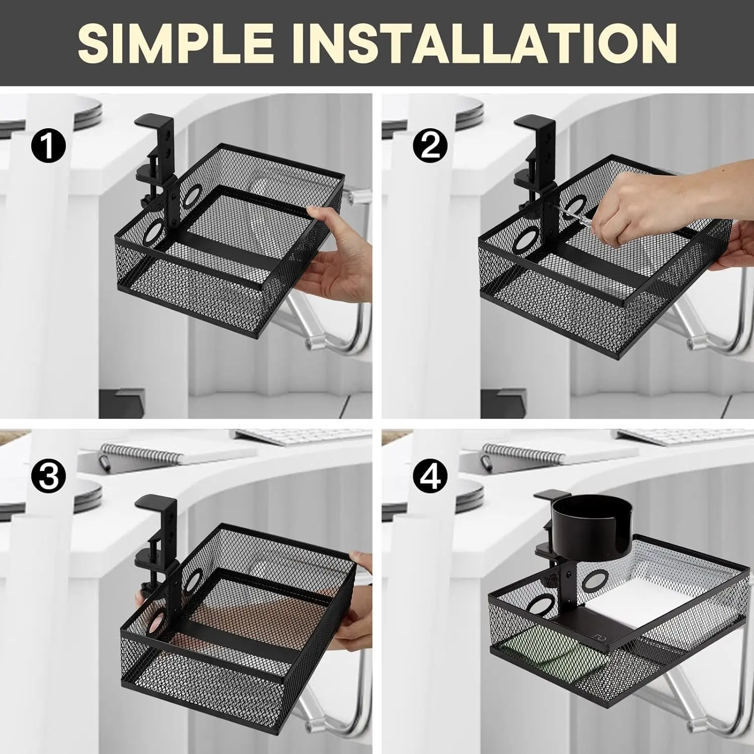 Office Metal Mesh C-Clamp Desk Organizer 360 Rotatable Under Desk Storage Drawers with Cup Holder Organizers and Storage
