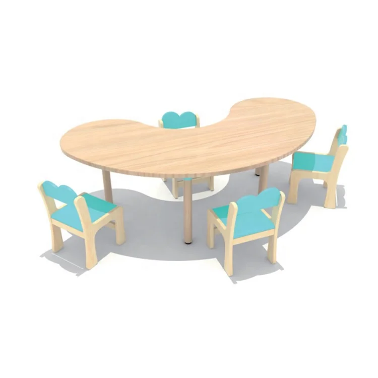 High quality children oak solid wood moon shape school table chair set