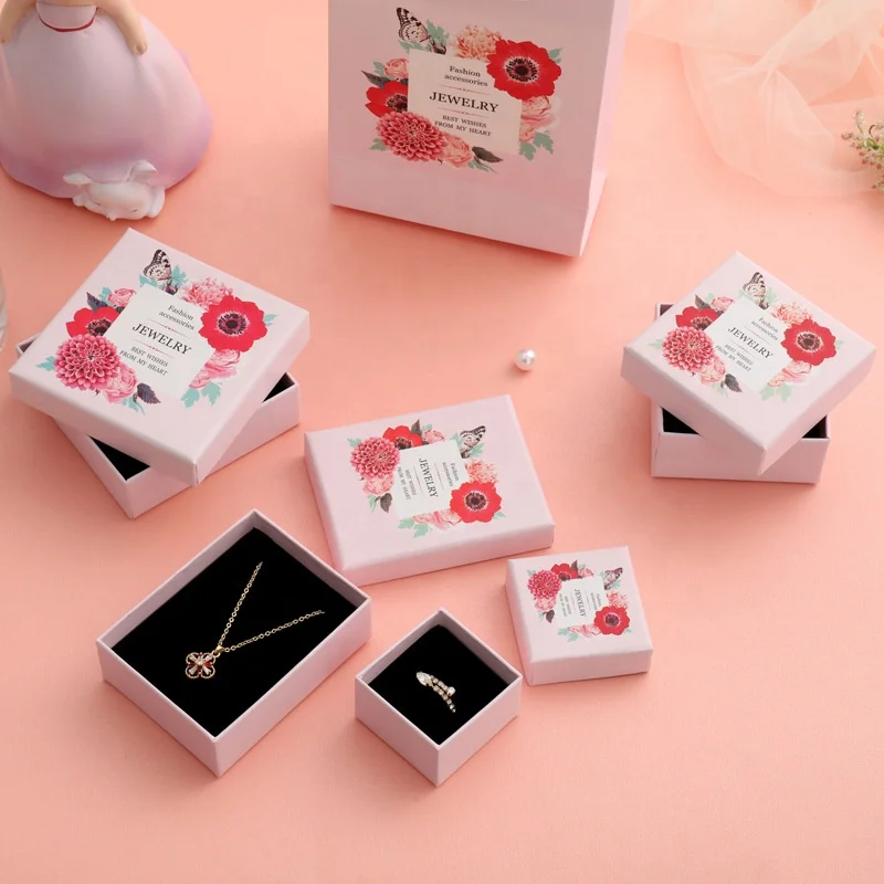 Pink floral printed necklace earring boxes fashion jewelry packaging paper gift box with velvet sponge