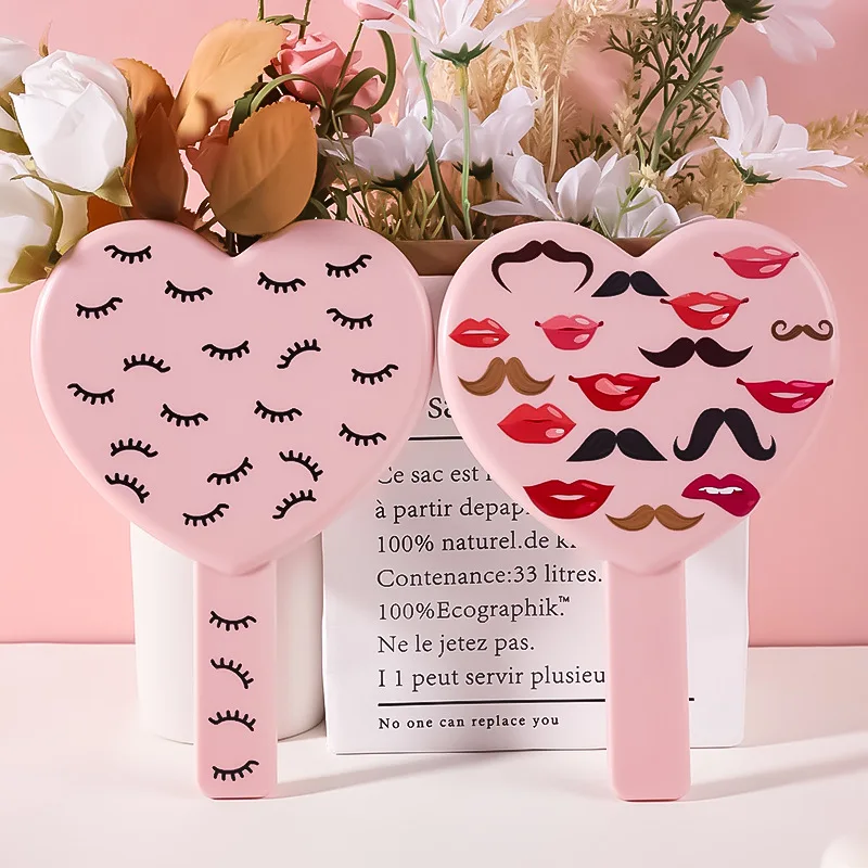 Small heart-shaped pink handheld makeup mirror beauty salon barber plastic hand mirrors portable heart-shaped mirrors for pocket