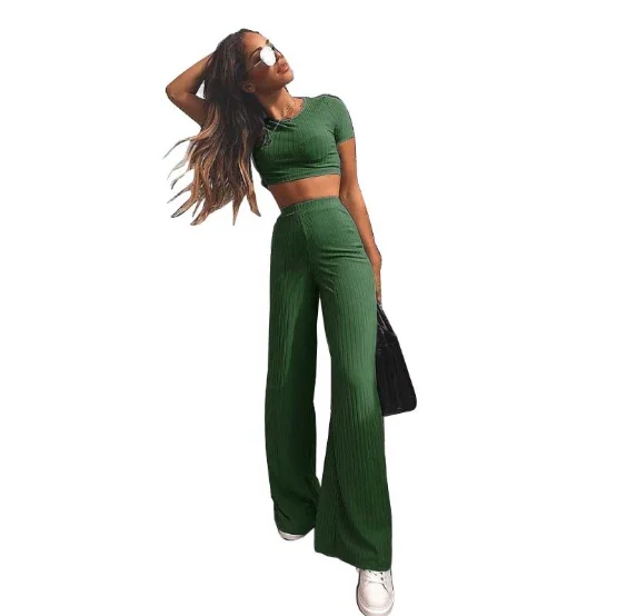 
Short Sleeve Two Pieces Set Round Neck Tops High Waist Wide Legs Long Pants women jumpsuits and rompers 