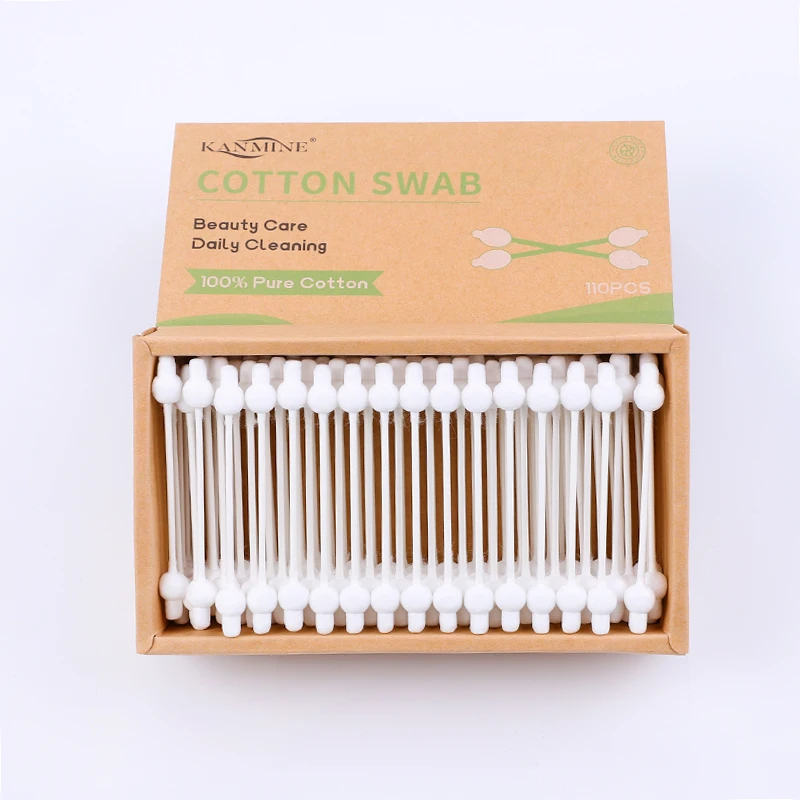 Eco-friendly Biodegradable Cleaning Organic 110Pcs Baby Gourd Head Paper Stick Cotton Bud With Kraft Box Package
