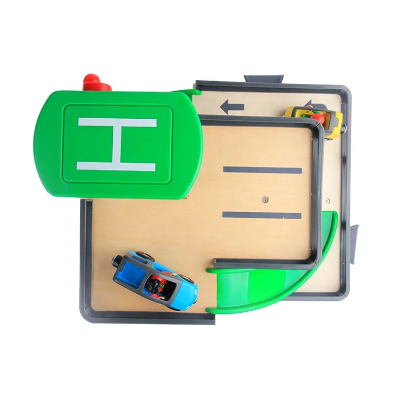 OEM role play fire station game set rail car parking station for kids preschool wooden pretend play toy