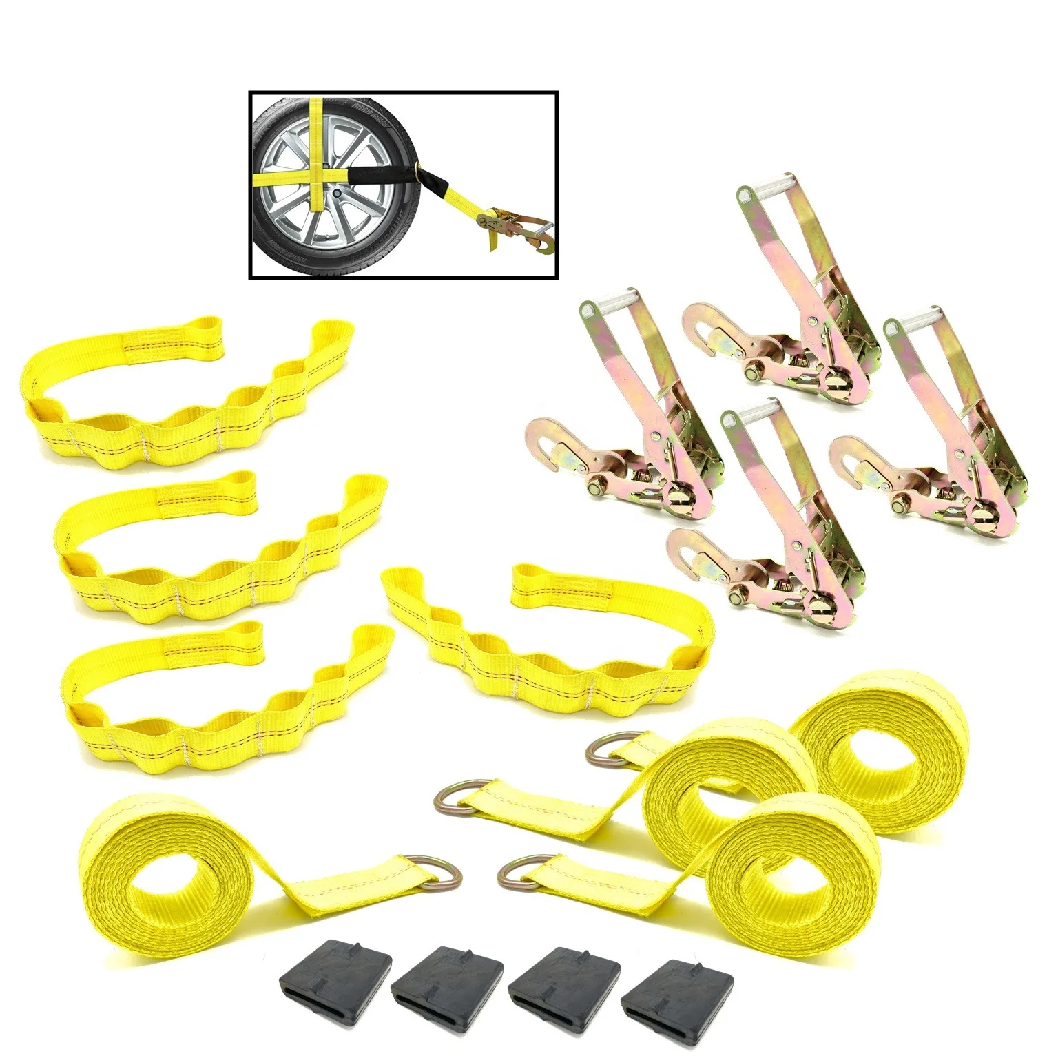 Car Hauler Tire Harness Lasso Style Adjustable Loop Car Tie Down Strap With Snap Hook Ratchet