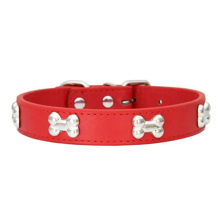 Dog products 15 colors studded bone dog leather collar for wholesale Adjustable pet collars