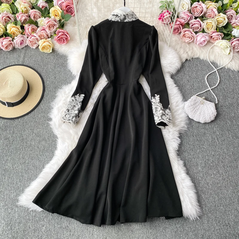 Autumn and winter clothes new Hepburn style long skirt western evening dress French dress