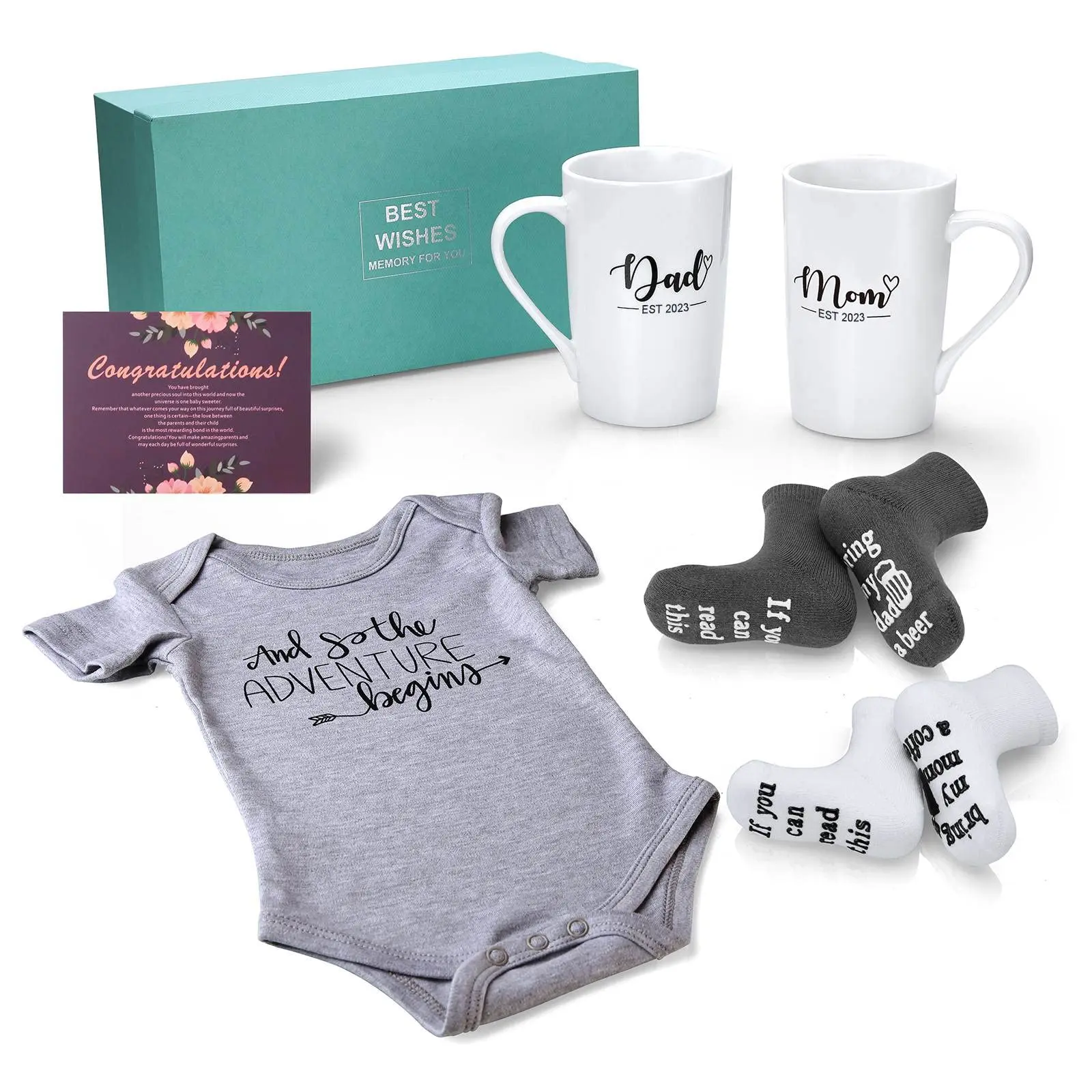 Pregnancy Gifts for First Time Moms - New Mom Gifts for Women, Mom and Dad Est 2023 14 oz Mug Set with Onesie and Baby Socks