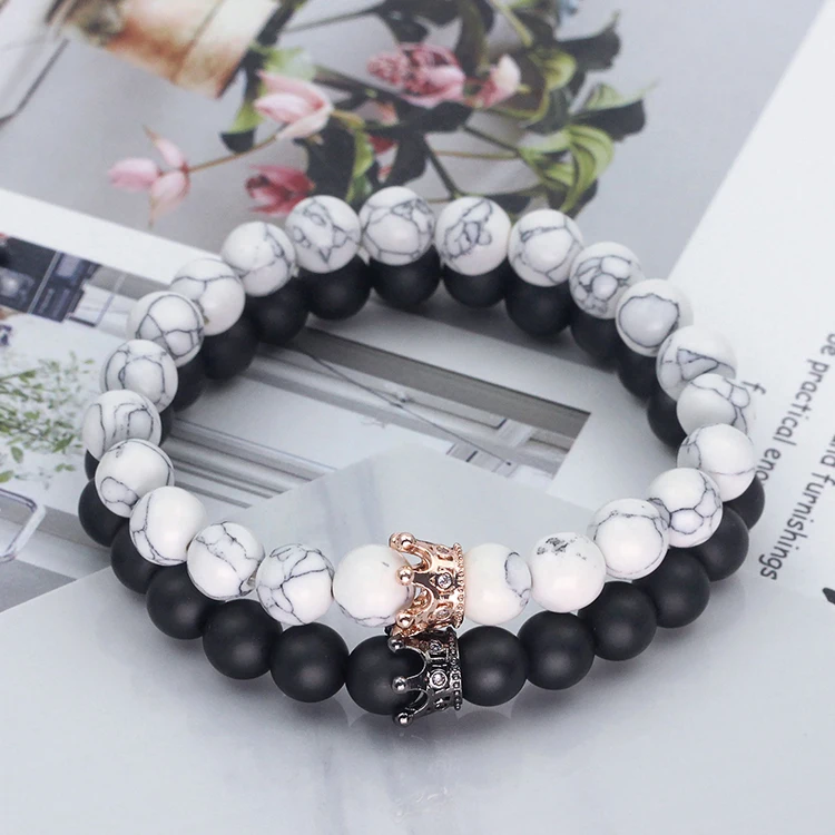 
Custom Charms Beads For Jewelry Making Pink Zebra Stone Women Men Couple Natural Stone Bead Bracelet Set 