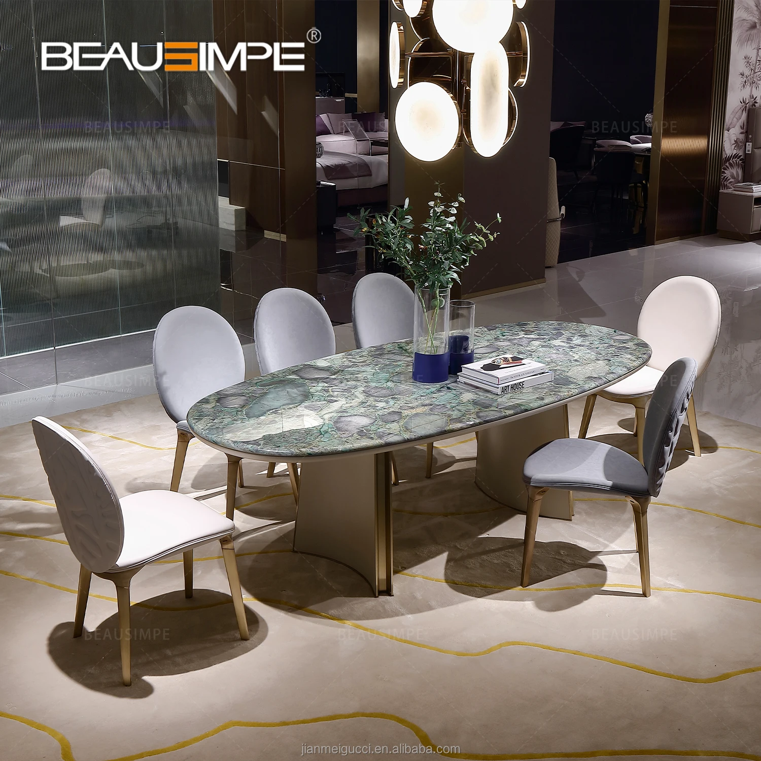Modern Italian style light luxury marble table long dining table villa hotel restaurant home furniture dining table chair set