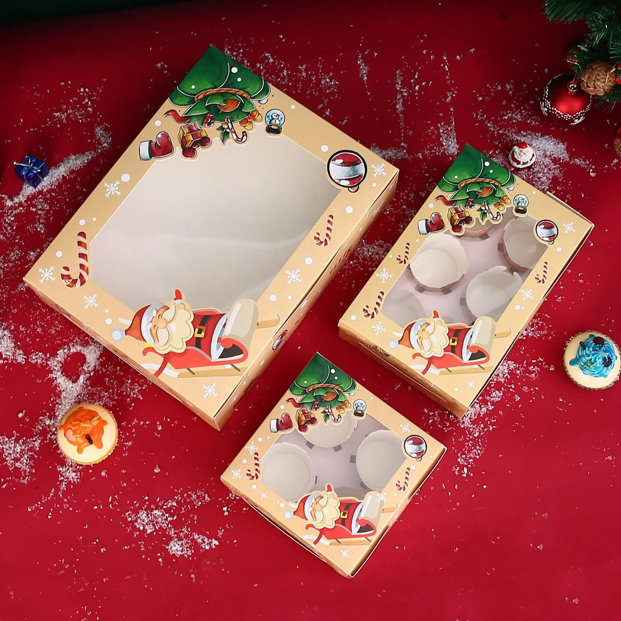 XJH 4/6/12 Holes Christmas Paper Cupcake Box with Clear Window Round Cake Bento Box with Insert and Clear Lid Jumbo Cupcake Box