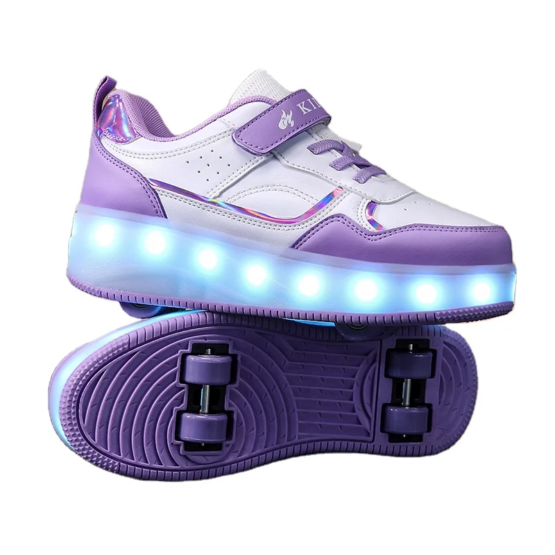 Kids Fashion Sports Skate Shoes, Deformation Flashing Roller Skates, 2 in 1 Wheel Removable Pulley Parkour Walking Shoes.