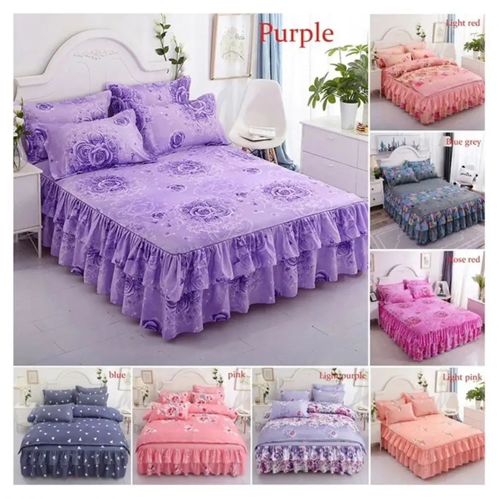Bed Skirts Set Double Layer Bedspread Floral Printed Bed sheet Bilateral Bed Skirt + 1 Pair Of Pillowcase bedsheets