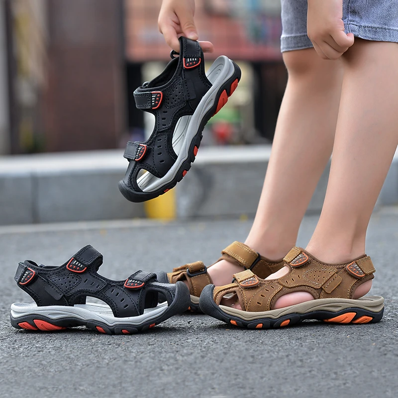 2021 летние пляжные сандалии из натуральной кожи; Детские сандалии с закрытым носком для малышей; Детская модная дизайнерская обувь для мальчиков и девочек