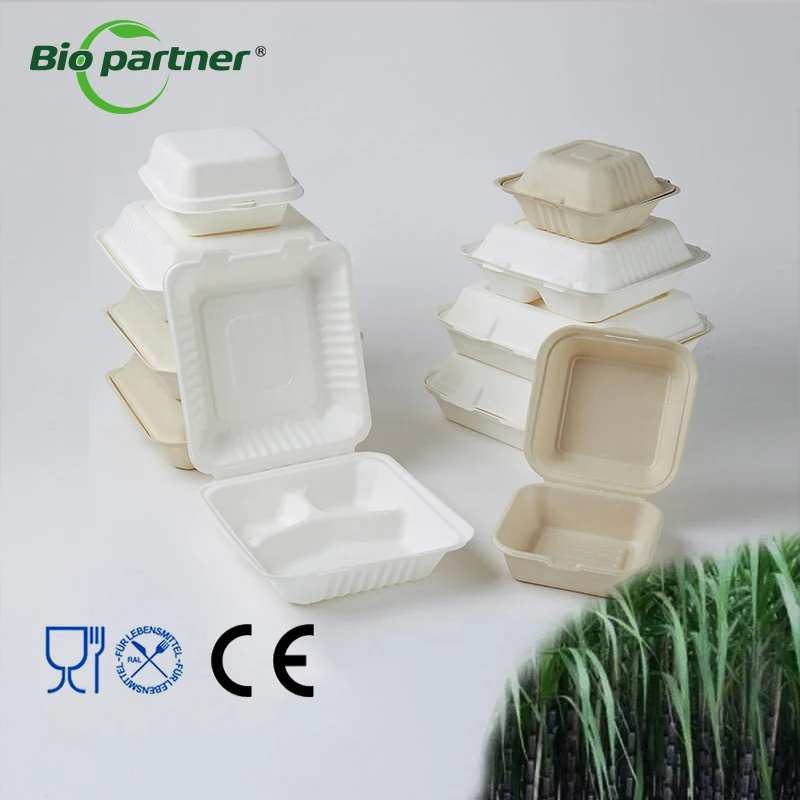 Manufacturer microwave take away Sugarcane Bagasse food container disposable clamshell box packaging fruit for restaurant street