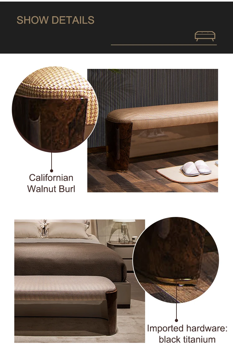 Luxury European Bedroom Furniture Bed End Stool Bench Solid Wood Frame Leather Luxury Bed End Stool