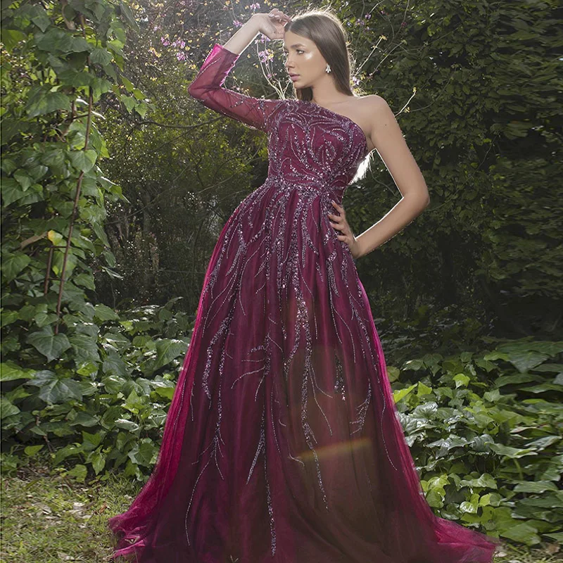 Lscz144-2 Luxury Dubai One Shoulder Fuchsia Evening Dresses For Women Wedding Elegant Arabic Long Sleeve Formal Gowns