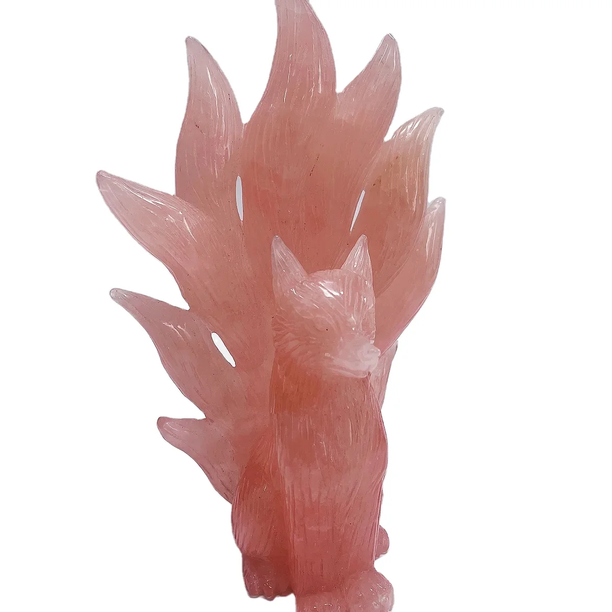 Natural high quality crystal animal carving Rose quartz crystal nine tailed fox carving for gifts
