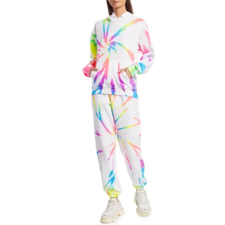Wholesale Latest Design Neon Rainbow Hoodie Set Trendy 100% Cotton Custom Tie Dye sweatsuit joggers tracksuit for women